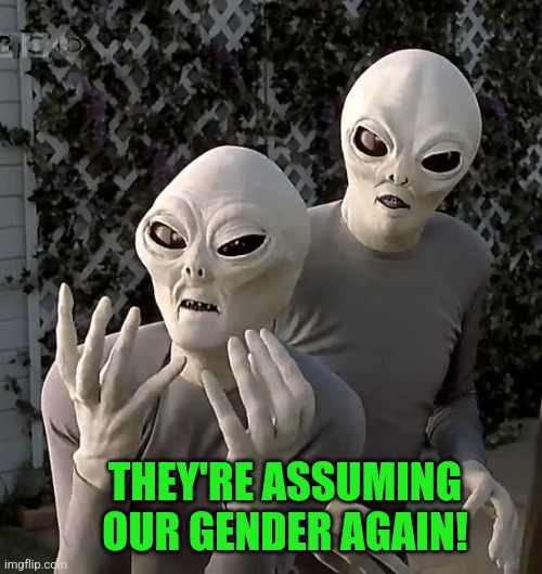 Aliens | THEY'RE ASSUMING OUR GENDER AGAIN! | image tagged in aliens | made w/ Imgflip meme maker