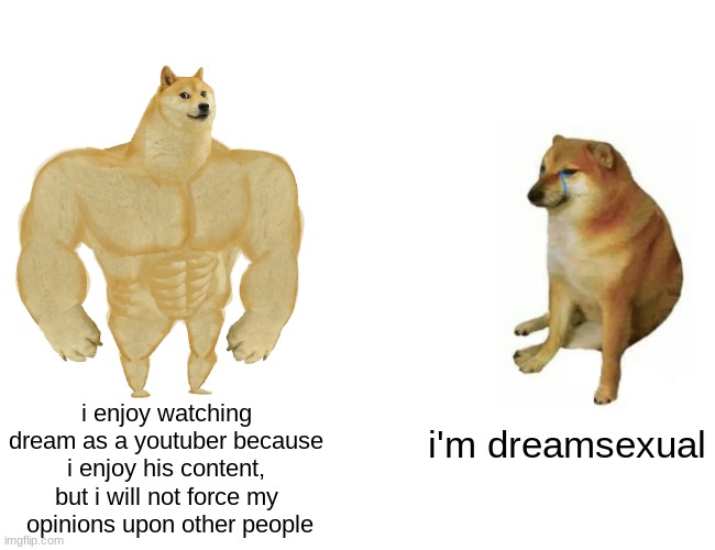 i enjoy watching dream as a youtuber because i enjoy his content, but i will not force my  opinions upon other people i'm dreamsexual | image tagged in memes,buff doge vs cheems | made w/ Imgflip meme maker