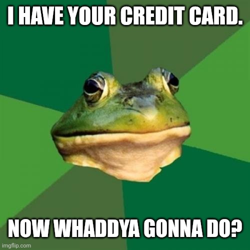 Foul Bachelor Frog Meme | I HAVE YOUR CREDIT CARD. NOW WHADDYA GONNA DO? | image tagged in memes,foul bachelor frog | made w/ Imgflip meme maker