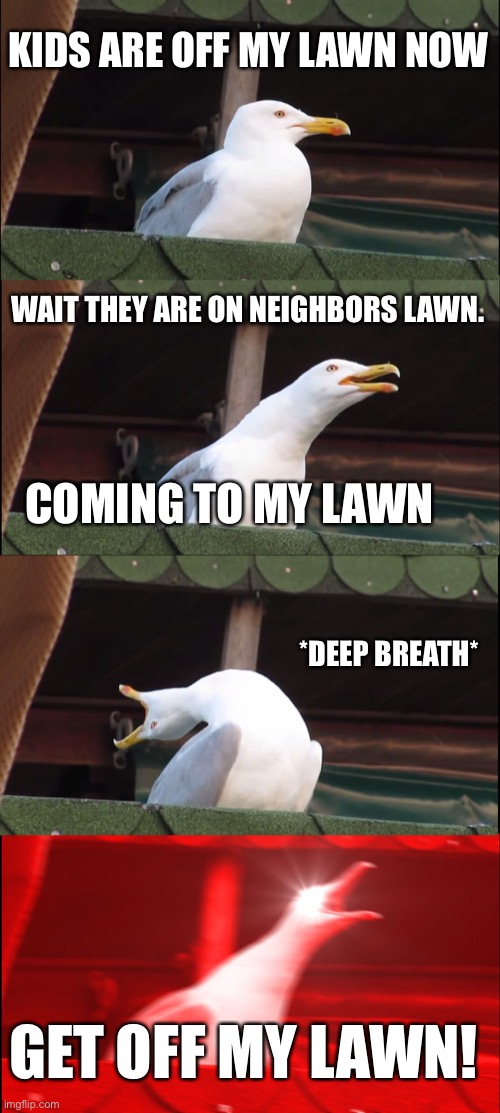 Get off my lawn | KIDS ARE OFF MY LAWN NOW; WAIT THEY ARE ON NEIGHBORS LAWN. COMING TO MY LAWN; *DEEP BREATH*; GET OFF MY LAWN! | image tagged in memes,inhaling seagull | made w/ Imgflip meme maker