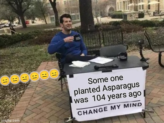 Bruh | 😑😑😑😑😑😑; Some one planted Asparagus was  104 years ago | image tagged in memes,change my mind,lol,omg | made w/ Imgflip meme maker