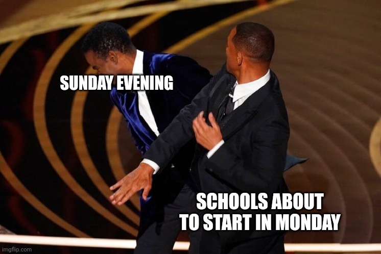 I'm about to work | SUNDAY EVENING; SCHOOLS ABOUT TO START IN MONDAY | image tagged in will smith slap,memes,funny | made w/ Imgflip meme maker