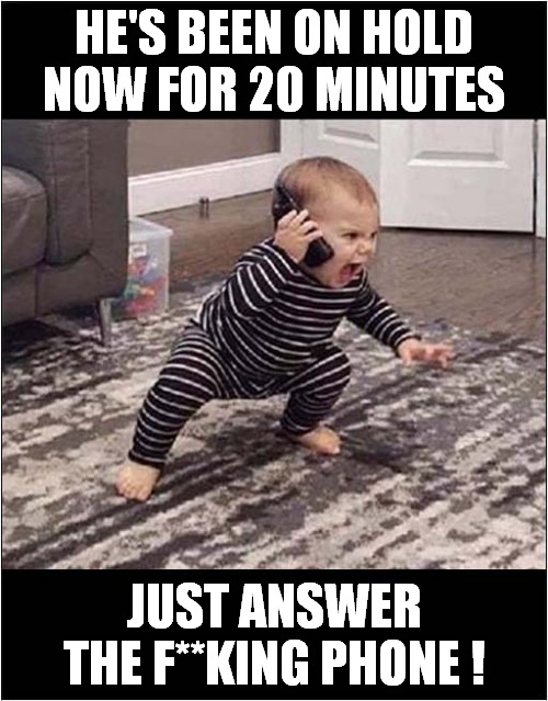 I Can Relate To This Angry Baby ! | HE'S BEEN ON HOLD NOW FOR 20 MINUTES; JUST ANSWER THE F**KING PHONE ! | image tagged in angry baby,holding,dark humour | made w/ Imgflip meme maker