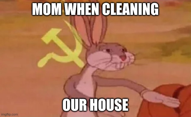Bugs bunny communist | MOM WHEN CLEANING; OUR HOUSE | image tagged in bugs bunny communist | made w/ Imgflip meme maker