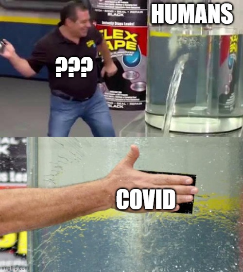 Covid be like | HUMANS; ??? COVID | image tagged in flex tape,covid-19,memes | made w/ Imgflip meme maker