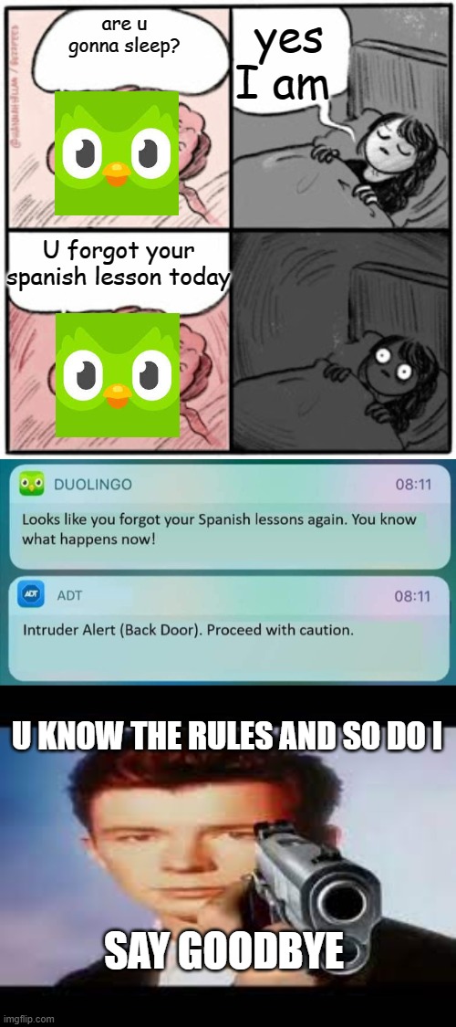 U know the Rules and so do I | yes I am; are u gonna sleep? U forgot your spanish lesson today; U KNOW THE RULES AND SO DO I; SAY GOODBYE | image tagged in brain before sleep,you know the rules and so do i,memes,duolingo | made w/ Imgflip meme maker