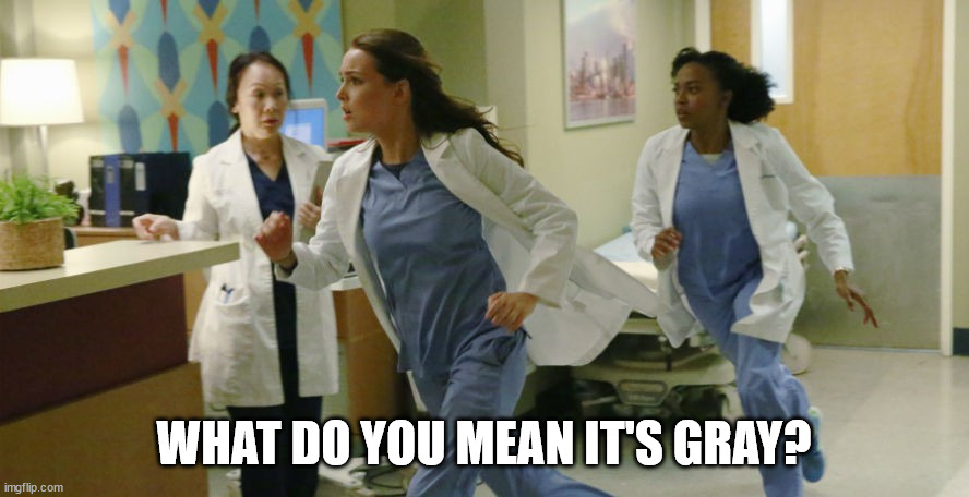 Grey's Anatomy Meme | WHAT DO YOU MEAN IT'S GRAY? | image tagged in grey's anatomy meme | made w/ Imgflip meme maker