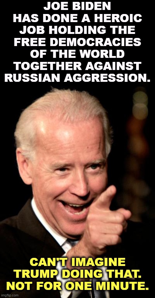 Ya got to have friends. | JOE BIDEN HAS DONE A HEROIC JOB HOLDING THE FREE DEMOCRACIES OF THE WORLD TOGETHER AGAINST RUSSIAN AGGRESSION. CAN'T IMAGINE TRUMP DOING THAT. NOT FOR ONE MINUTE. | image tagged in memes,smilin biden,democracy,fights,aggressive,russia | made w/ Imgflip meme maker