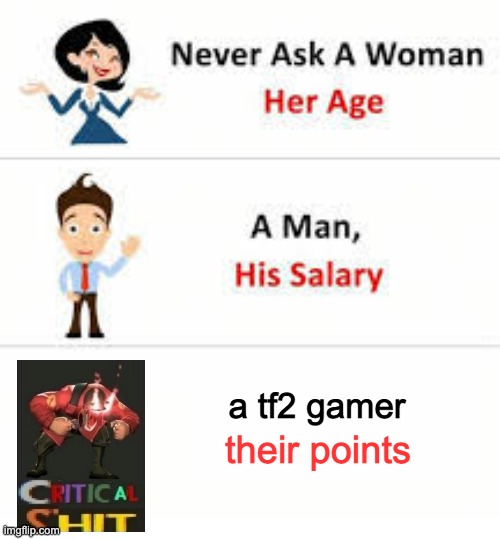Never ask a woman her age | a tf2 gamer; their points | image tagged in never ask a woman her age | made w/ Imgflip meme maker