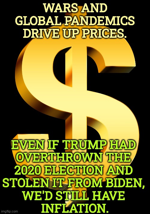 WARS AND GLOBAL PANDEMICS DRIVE UP PRICES. EVEN IF TRUMP HAD 
OVERTHROWN THE 
2020 ELECTION AND 
STOLEN IT FROM BIDEN, 

WE'D STILL HAVE 
INFLATION. | image tagged in war,pandemic,inflation,trump,stole,election 2020 | made w/ Imgflip meme maker