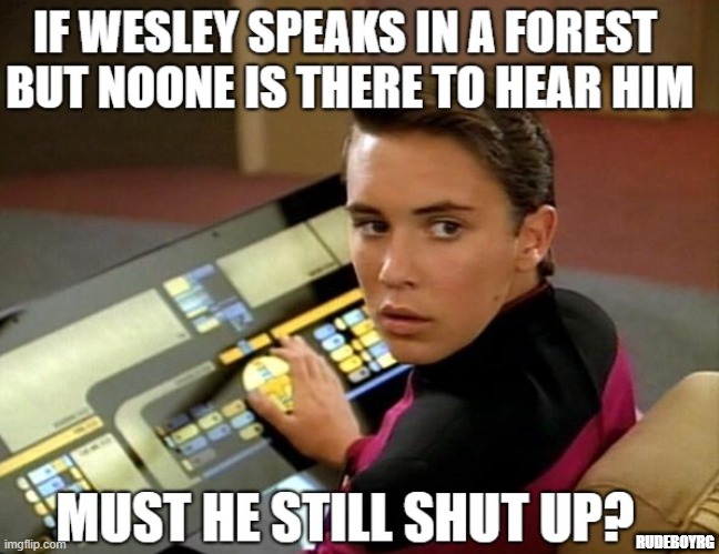 Shut Up Wesley - If Welsey Speaks in a Forest |  RUDEBOYRG | image tagged in shut up welsey,wesley crusher,star trek the next generation,if a tree falls in a forest | made w/ Imgflip meme maker