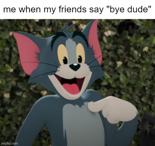 me | me when my friends say "bye dude" | image tagged in happy tom | made w/ Imgflip meme maker