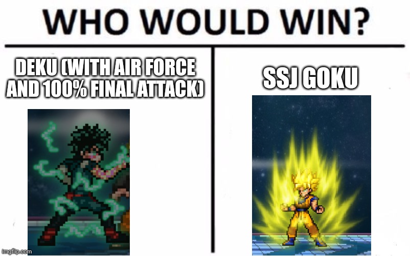Comment who you think, I'll comment the results in two days (anyone even gonna see this?) | DEKU (WITH AIR FORCE AND 100% FINAL ATTACK); SSJ GOKU | image tagged in memes,who would win | made w/ Imgflip meme maker