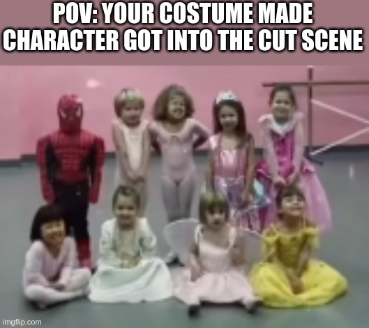 Spiderman standing out | POV: YOUR COSTUME MADE CHARACTER GOT INTO THE CUT SCENE | image tagged in spiderman standing out,achievement unlocked standing out so much you don't stand out | made w/ Imgflip meme maker