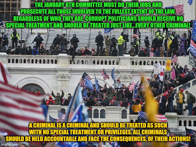 Insurrection Jan 6th 2021 | THE JANUARY 6TH COMMITTEE MUST DO THEIR JOBS AND PROSECUTE ALL THOSE INVOLVED TO THE FULLEST EXTENT OF THE LAW, REGARDLESS OF WHO THEY ARE. CORRUPT POLITICIANS SHOULD RECEIVE NO SPECIAL TREATMENT AND SHOULD BE TREATED JUST LIKE...EVERY OTHER CRIMINAL! A CRIMINAL IS A CRIMINAL AND SHOULD BE TREATED AS SUCH WITH NO SPECIAL TREATMENT OR PRIVILEGES. ALL CRIMINALS SHOULD BE HELD ACCOUNTABLE AND FACE THE CONSEQUENCES, OF THEIR ACTIONS! | image tagged in insurrection jan 6th 2021 | made w/ Imgflip meme maker