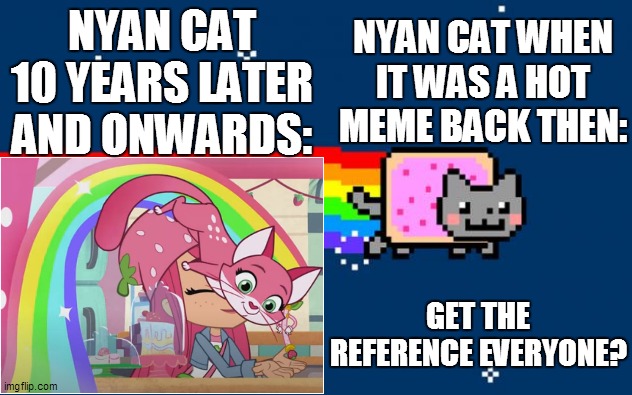 nyan cat reference | NYAN CAT WHEN IT WAS A HOT MEME BACK THEN:; NYAN CAT 10 YEARS LATER AND ONWARDS:; GET THE REFERENCE EVERYONE? | image tagged in memes,nyan cat,cats,strawberry shortcake,strawberry shortcake berry in the big city,funny cats | made w/ Imgflip meme maker