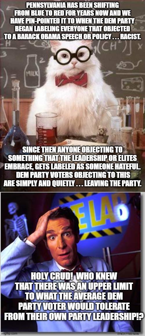 This is actually true according to the Dem Party's own research. | PENNSYLVANIA HAS BEEN SHIFTING FROM BLUE TO RED FOR YEARS NOW AND WE HAVE PIN-POINTED IT TO WHEN THE DEM PARTY BEGAN LABELING EVERYONE THAT OBJECTED TO A BARACK OBAMA SPEECH OR POLICY . . . RACIST. SINCE THEN ANYONE OBJECTING TO SOMETHING THAT THE LEADERSHIP OR ELITES EMBRACE, GETS LABELED AS SOMEONE HATEFUL.  DEM PARTY VOTERS OBJECTING TO THIS ARE SIMPLY AND QUIETLY . . . LEAVING THE PARTY. HOLY CRUD!  WHO KNEW THAT THERE WAS AN UPPER LIMIT TO WHAT THE AVERAGE DEM PARTY VOTER WOULD TOLERATE FROM THEIR OWN PARTY LEADERSHIP!? | image tagged in chemistry cat 2 | made w/ Imgflip meme maker