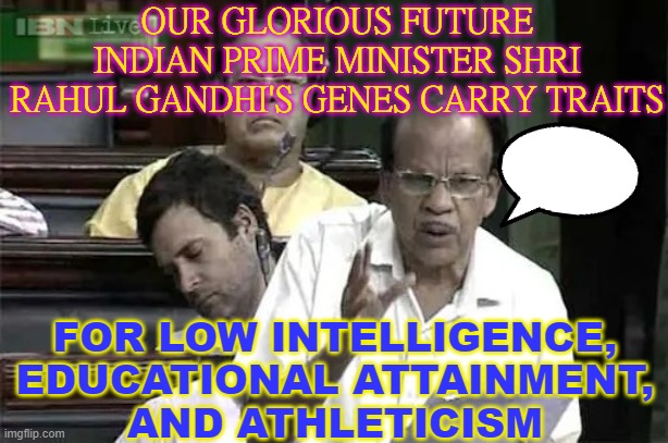 Shri Rahul Gandhi's genes carry traits for low intelligence, educational attainment, and athleticism | OUR GLORIOUS FUTURE INDIAN PRIME MINISTER SHRI RAHUL GANDHI'S GENES CARRY TRAITS; FOR LOW INTELLIGENCE, EDUCATIONAL ATTAINMENT,
AND ATHLETICISM | image tagged in rahul sleeping beauty gandhi | made w/ Imgflip meme maker