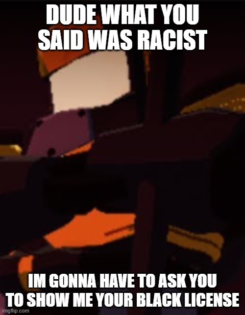 Dude what you said was racist | DUDE WHAT YOU SAID WAS RACIST; IM GONNA HAVE TO ASK YOU TO SHOW ME YOUR BLACK LICENSE | image tagged in gaming,no racism | made w/ Imgflip meme maker
