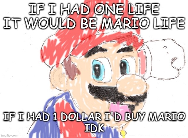 idk | IF I HAD ONE LIFE IT WOULD BE MARIO LIFE; IF I HAD 1 DOLLAR I'D BUY MARIO
IDK | image tagged in mario,shitpost | made w/ Imgflip meme maker