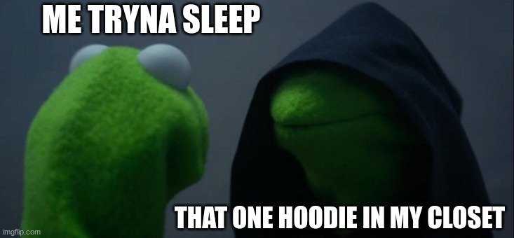 Evil Kermit | ME TRYNA SLEEP; THAT ONE HOODIE IN MY CLOSET | image tagged in memes,evil kermit | made w/ Imgflip meme maker