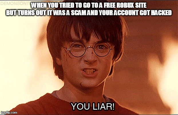 You liar clip Harry Potter | WHEN YOU TRIED TO GO TO A FREE ROBUX SITE
BUT TURNS OUT IT WAS A SCAM AND YOUR ACCOUNT GOT HACKED | image tagged in you liar clip harry potter | made w/ Imgflip meme maker