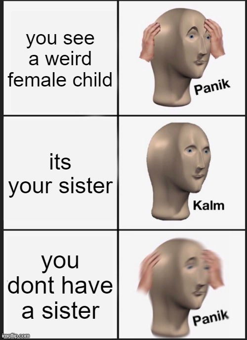 GhOSt MEmE | you see a weird female child; its your sister; you dont have a sister | image tagged in memes,panik kalm panik,ghosts,ghost | made w/ Imgflip meme maker