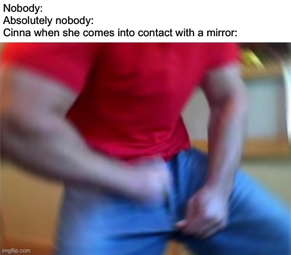 Guy unzip pants | Nobody:
Absolutely nobody:
Cinna when she comes into contact with a mirror: | image tagged in guy unzip pants | made w/ Imgflip meme maker