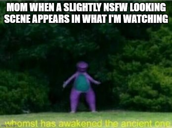 Whomst has awakened the ancient one | MOM WHEN A SLIGHTLY NSFW LOOKING SCENE APPEARS IN WHAT I'M WATCHING | image tagged in whomst has awakened the ancient one | made w/ Imgflip meme maker