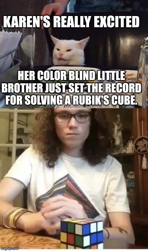 KAREN'S REALLY EXCITED; HER COLOR BLIND LITTLE BROTHER JUST SET THE RECORD FOR SOLVING A RUBIK'S CUBE. | image tagged in smudge the cat | made w/ Imgflip meme maker