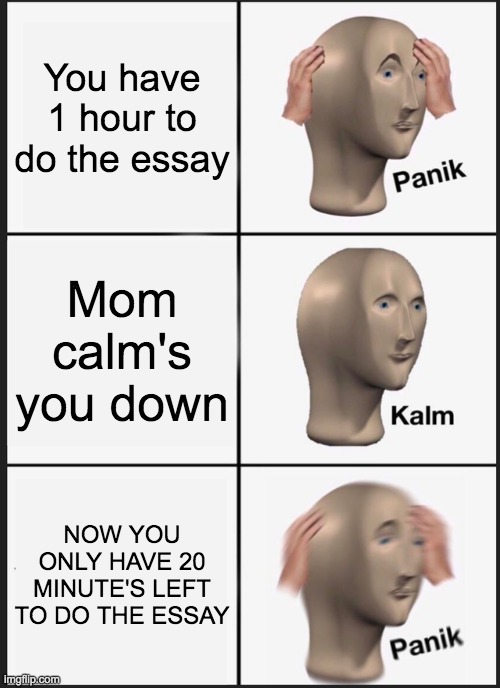 Procrastination Be Like... | You have 1 hour to do the essay; Mom calm's you down; NOW YOU ONLY HAVE 20 MINUTE'S LEFT TO DO THE ESSAY | image tagged in memes,panik kalm panik | made w/ Imgflip meme maker