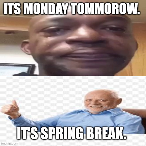 Funny spring break | ITS MONDAY TOMMOROW. IT'S SPRING BREAK. | image tagged in funny meme | made w/ Imgflip meme maker