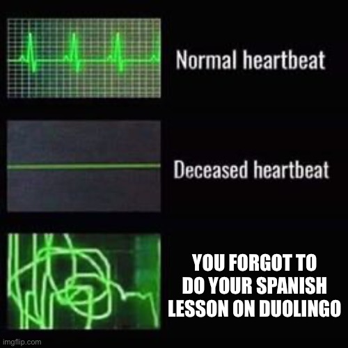 Duolingo | YOU FORGOT TO DO YOUR SPANISH LESSON ON DUOLINGO | image tagged in heartbeat rate | made w/ Imgflip meme maker