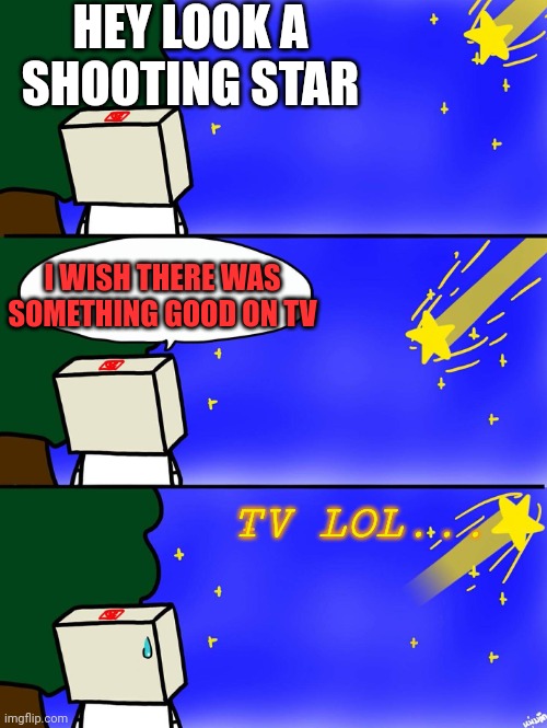 Touch Grass | HEY LOOK A SHOOTING STAR; I WISH THERE WAS SOMETHING GOOD ON TV; TV LOL... | image tagged in shooting star,tv,movie | made w/ Imgflip meme maker