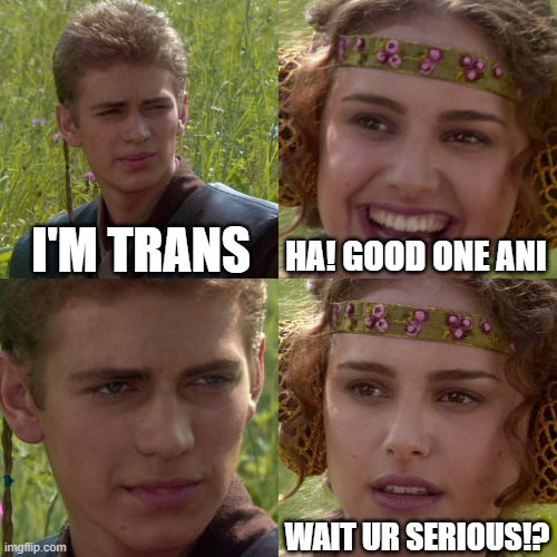 Oh no... | I'M TRANS; HA! GOOD ONE ANI; WAIT UR SERIOUS!? | image tagged in anakin padme 4 panel | made w/ Imgflip meme maker