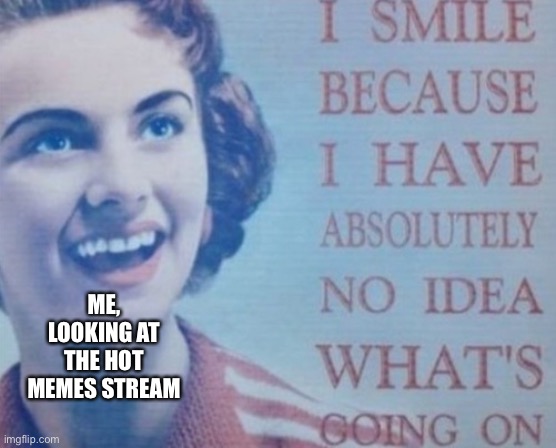 (Shrug) | ME, LOOKING AT THE HOT MEMES STREAM | image tagged in i smile because i have absolutely no idea what's going on | made w/ Imgflip meme maker