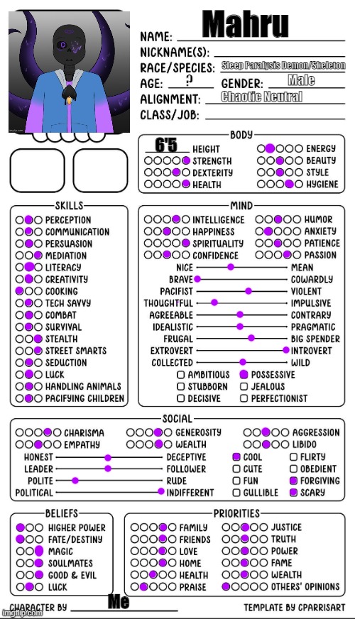 Mahru (OC Info) | Mahru; Sleep Paralysis Demon/Skeleton; ? Male; Chaotic Neutral; 6'5; Me | made w/ Imgflip meme maker