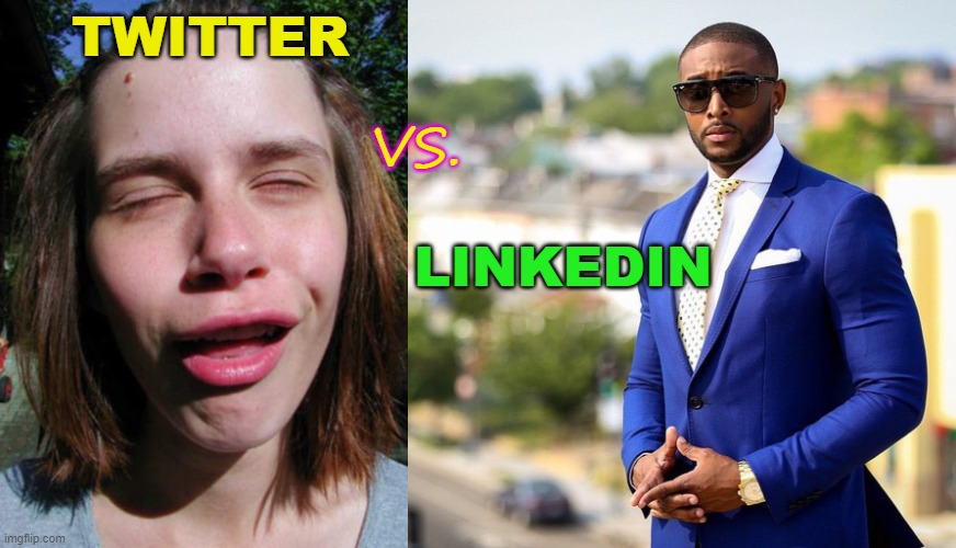 Twitter vs.  LinkedIn | TWITTER; VS. LINKEDIN | image tagged in twitter vs linkedin | made w/ Imgflip meme maker