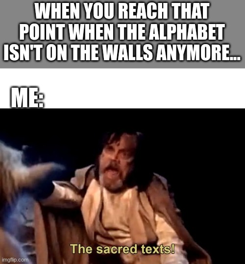 Not the scared texts!!!! | WHEN YOU REACH THAT POINT WHEN THE ALPHABET ISN'T ON THE WALLS ANYMORE... ME: | image tagged in the sacred texts,school,funny memes | made w/ Imgflip meme maker