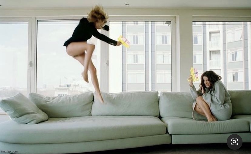 Kylie Dannii couch jump | image tagged in kylie dannii couch jump | made w/ Imgflip meme maker