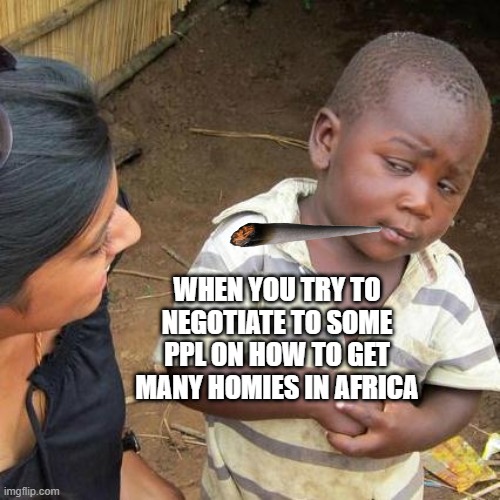 Third World Skeptical Kid | WHEN YOU TRY TO NEGOTIATE TO SOME PPL ON HOW TO GET MANY HOMIES IN AFRICA | image tagged in memes,third world skeptical kid | made w/ Imgflip meme maker