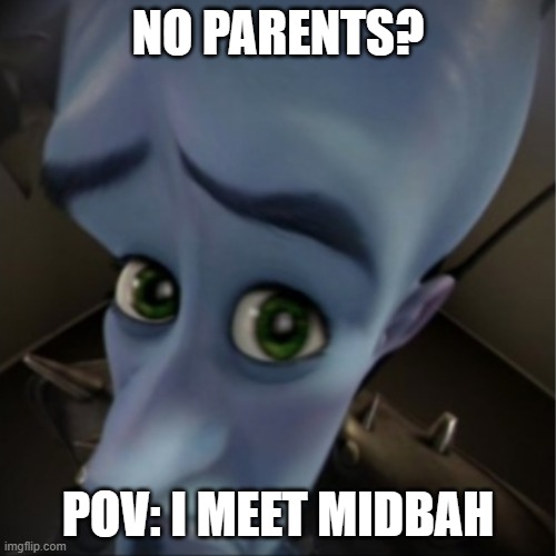 Megamind peeking | NO PARENTS? POV: I MEET MIDBAH | image tagged in megamind peeking | made w/ Imgflip meme maker