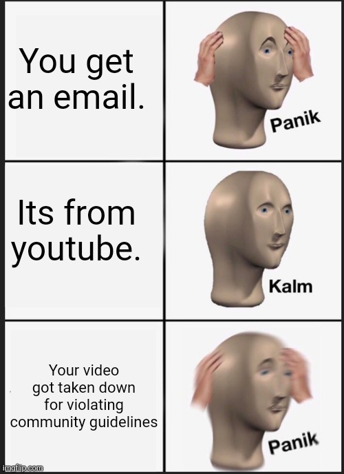 Panik Kalm Panik | You get an email. Its from youtube. Your video got taken down for violating community guidelines | image tagged in memes,panik kalm panik | made w/ Imgflip meme maker