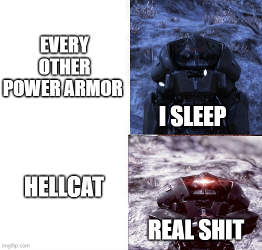 fall out 76 | EVERY OTHER POWER ARMOR; I SLEEP; HELLCAT; REAL SHIT | image tagged in fallout 76 | made w/ Imgflip meme maker