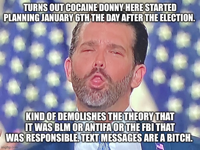 Don Jr. Cocaine | TURNS OUT COCAINE DONNY HERE STARTED PLANNING JANUARY 6TH THE DAY AFTER THE ELECTION. KIND OF DEMOLISHES THE THEORY THAT IT WAS BLM OR ANTIFA OR THE FBI THAT WAS RESPONSIBLE. TEXT MESSAGES ARE A BITCH. | image tagged in don jr cocaine | made w/ Imgflip meme maker