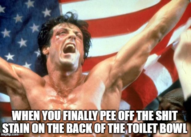 victory! | WHEN YOU FINALLY PEE OFF THE SHIT STAIN ON THE BACK OF THE TOILET BOWL | image tagged in rocky victory | made w/ Imgflip meme maker