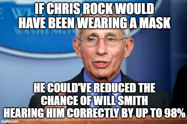Dr. Fauci | IF CHRIS ROCK WOULD HAVE BEEN WEARING A MASK; HE COULD'VE REDUCED THE CHANCE OF WILL SMITH HEARING HIM CORRECTLY BY UP TO 98% | image tagged in dr fauci | made w/ Imgflip meme maker