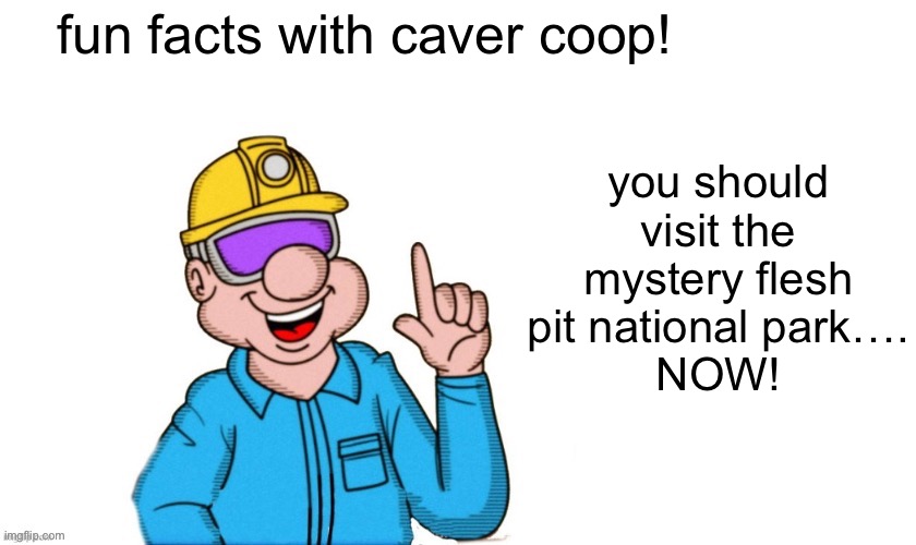 fun facts with caver coop | fun facts with caver coop! you should visit the mystery flesh pit national park….
NOW! | image tagged in fun facts with caver coop | made w/ Imgflip meme maker