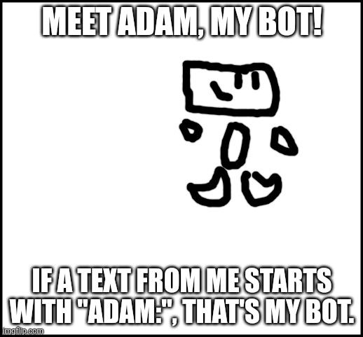 My Bot | MEET ADAM, MY BOT! IF A TEXT FROM ME STARTS WITH "ADAM:", THAT'S MY BOT. | image tagged in blank,npc | made w/ Imgflip meme maker