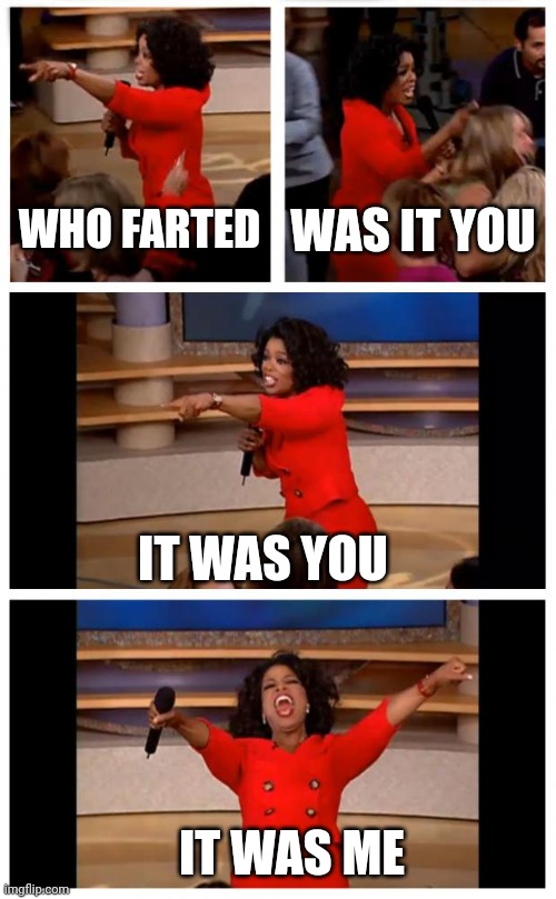 Oprah You Get A Car Everybody Gets A Car Meme | WHO FARTED; WAS IT YOU; IT WAS YOU; IT WAS ME | image tagged in memes,oprah you get a car everybody gets a car | made w/ Imgflip meme maker